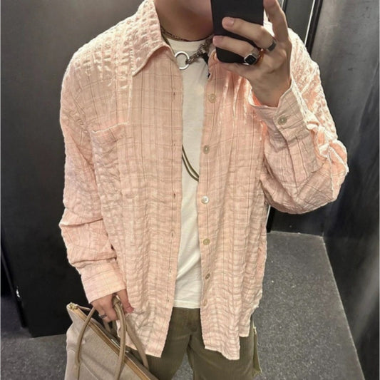 Pleated Seersucker Shirt Casual Loose Outline Plaid Long Sleeve