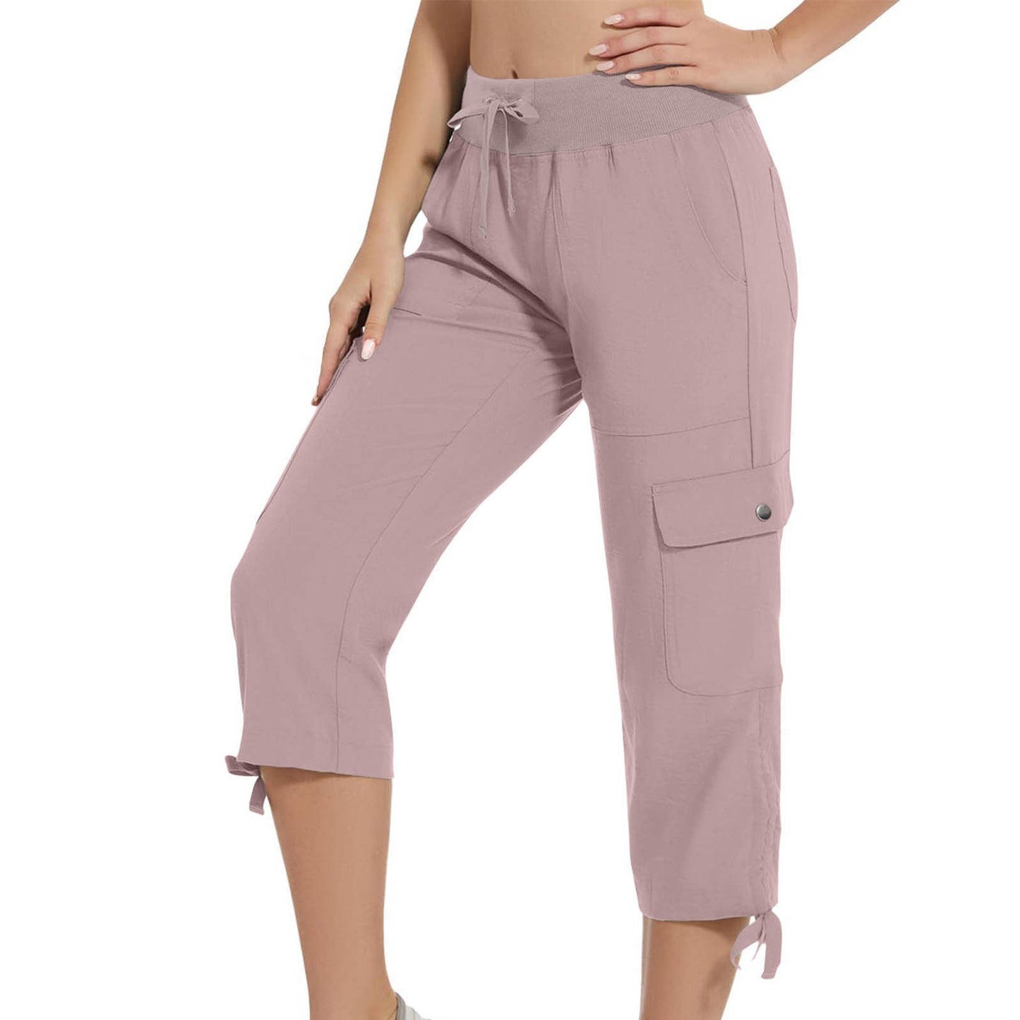 Womens Workwear Cropped Pants With Pockets And Elastic Waistband Stylish And Casual