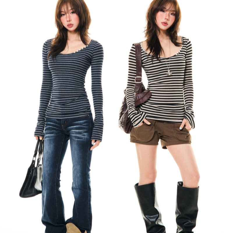 Womens Slim-Fit Long-Sleeve Striped T-Shirt In American Style