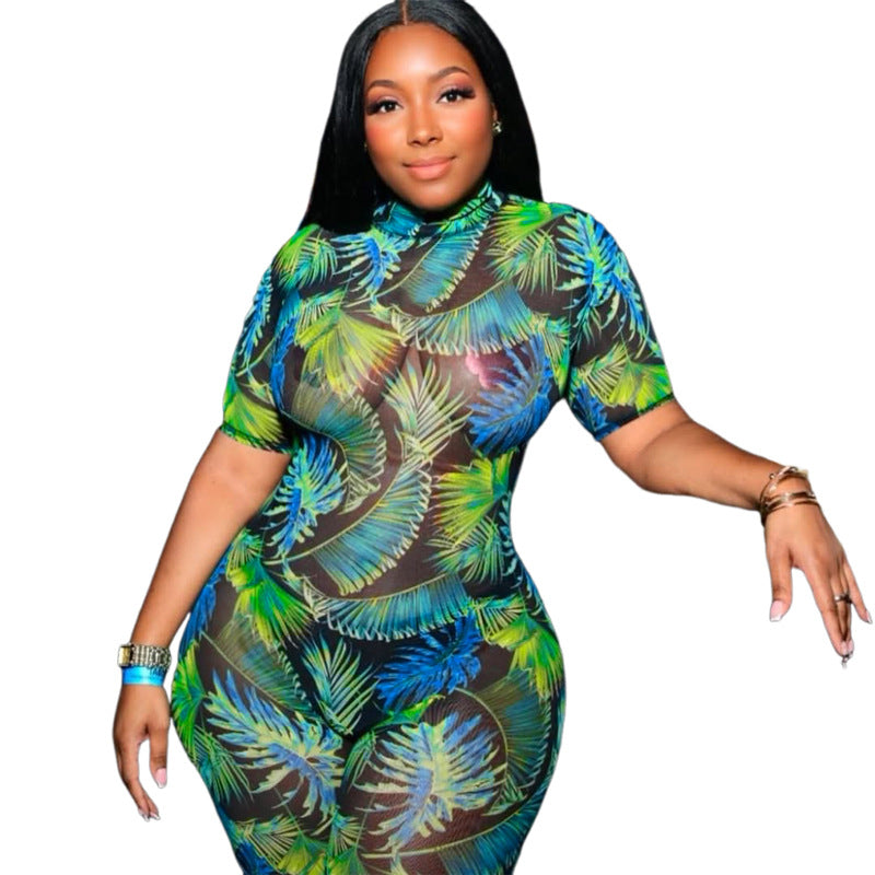 Backless Fashion Printed See-through Mesh Jumpsuit For Women