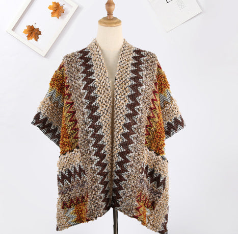 Fashionable Concave Shape Color Blocking Loose Shawl Sweater