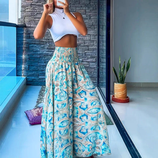 Peris Patterned High Waisted Elasticated Slim Fit A Line Wide Leg Flared Pants
