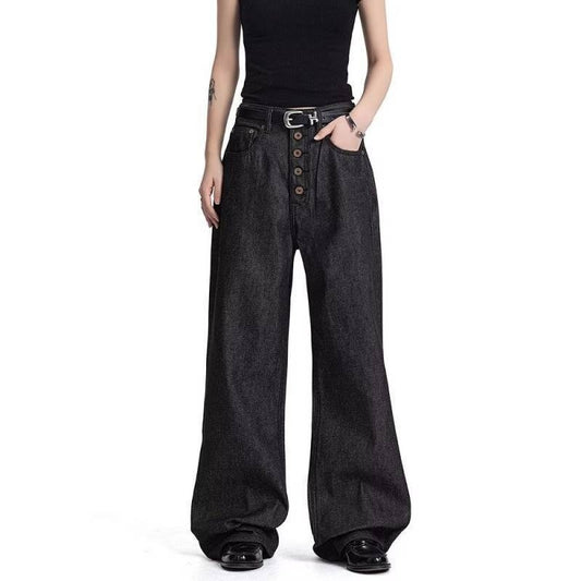 American-style Button-fly Black Raw Denim Bootcut Jeans
