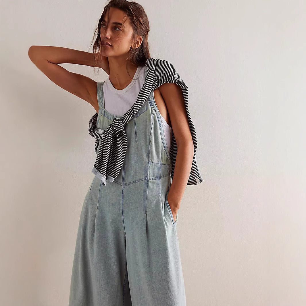 Denim Pocket Loose Wide Leg Overalls