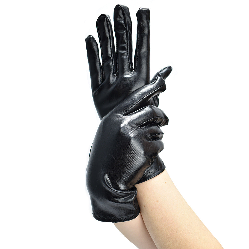 Women's Short Bright Leather Play Punk Gloves