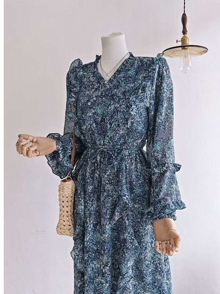 Women's Elegant V-neck Blue Floral Dress