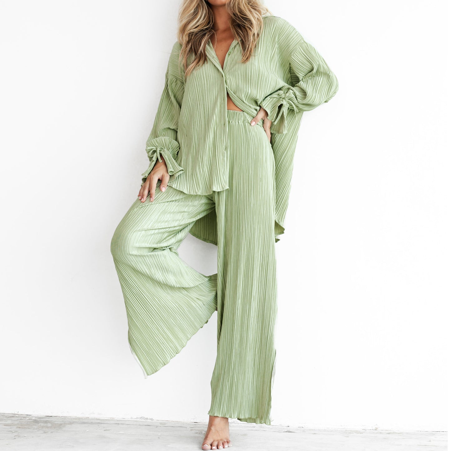 Fashion Suit Pleated Shirt Long Sleeve Split Pajamas Two-piece Set