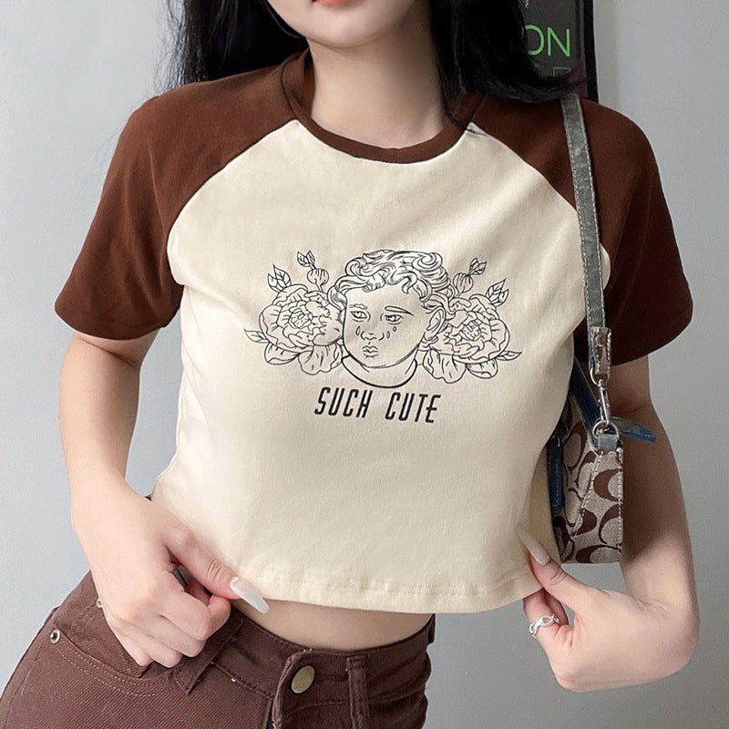 European And American Fashion Retro Round Neck Brown T-shirt