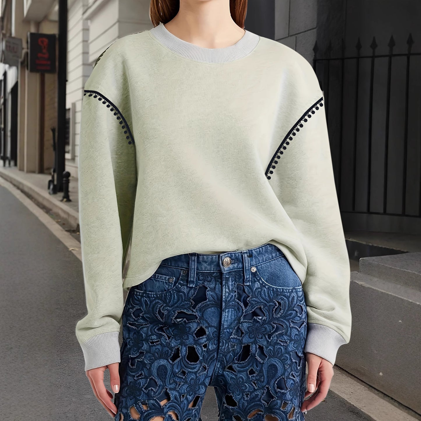 Women's Retro Contrasting Color Trimmed Round Neck Long Sleeved Sportswear