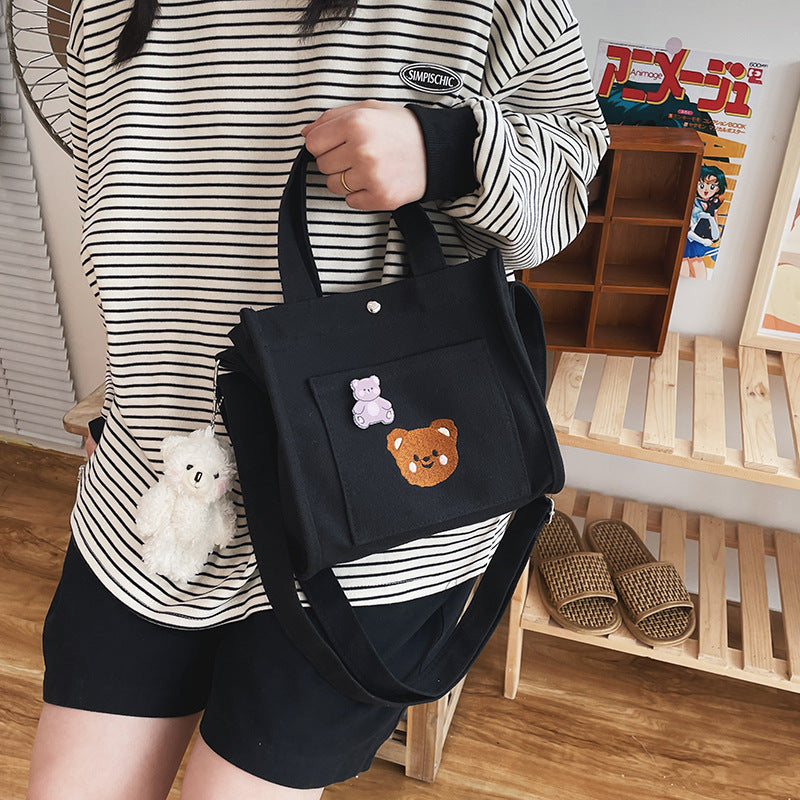 Cute And Funny Personality Embroidery Bear Soft Girl Canvas Messenger Bag