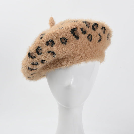 Plush Fleece Warm New Leopard Knitted Beret Women