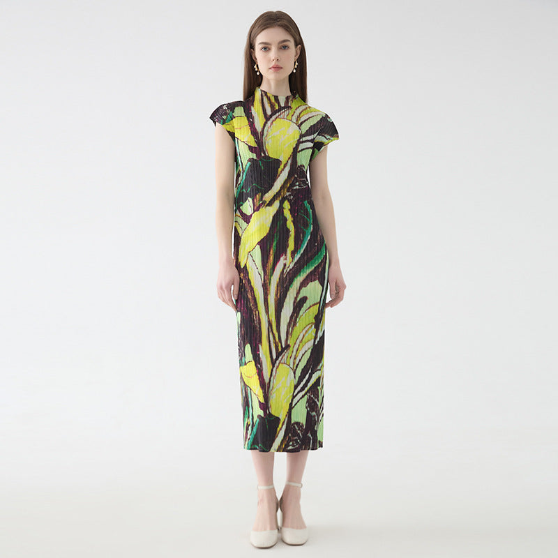 Flounced Sleeve Printed Pleated Dress