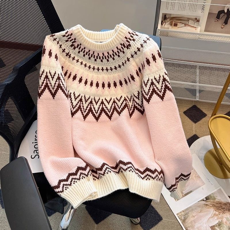 Womens Fair Isle Pullover Loose-Fit Extra-Soft Sweater