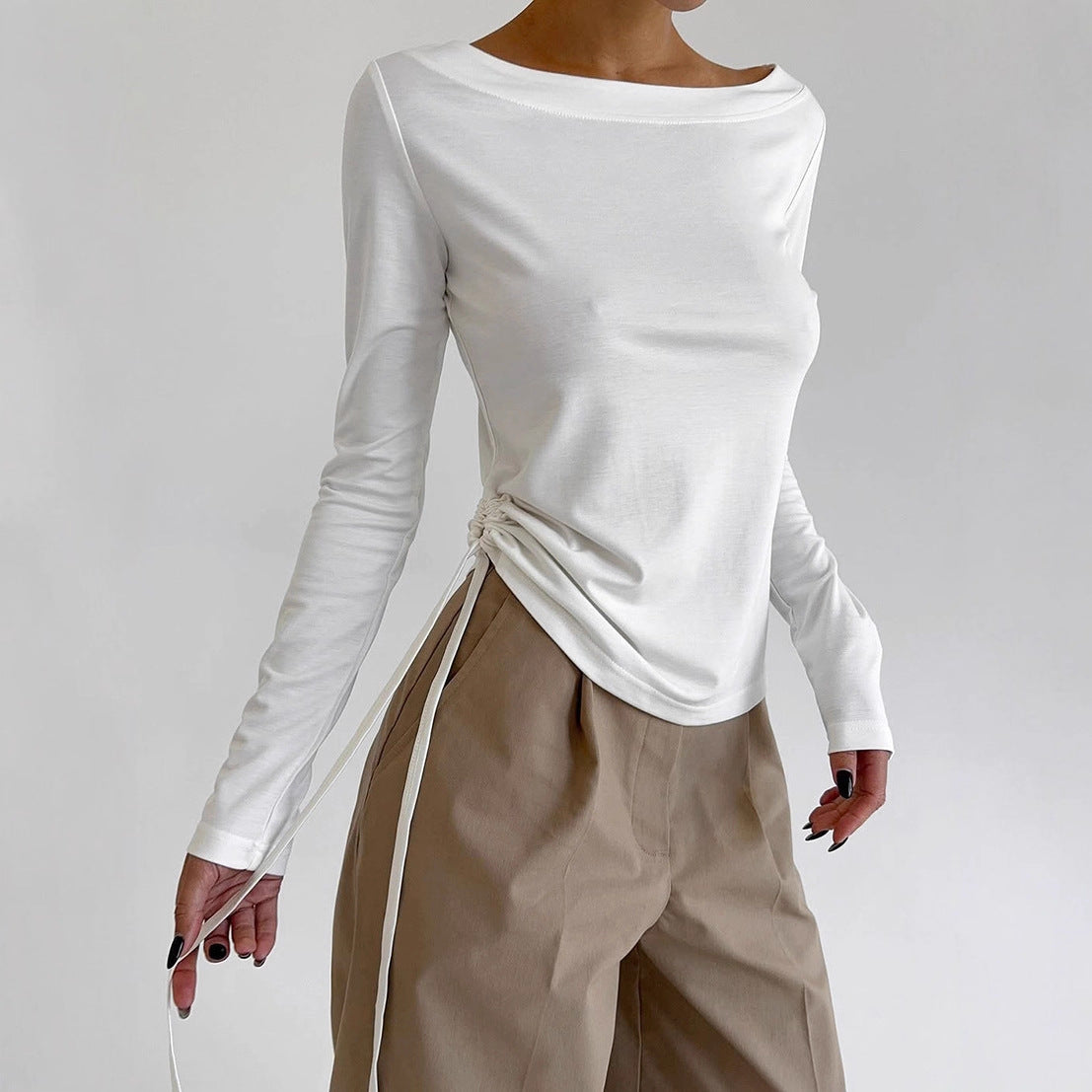 Women's Round Neck Side Tie Waist Long Sleeve