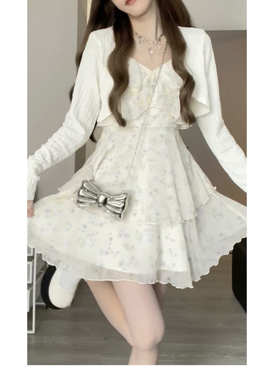 White Chiffon Flower Strap Dress