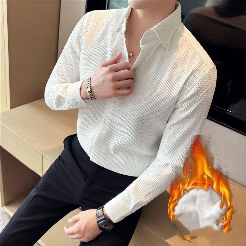 Ruffian Handsome V-neck Shirt Men's Long Sleeved Plush In Autumn And Winter