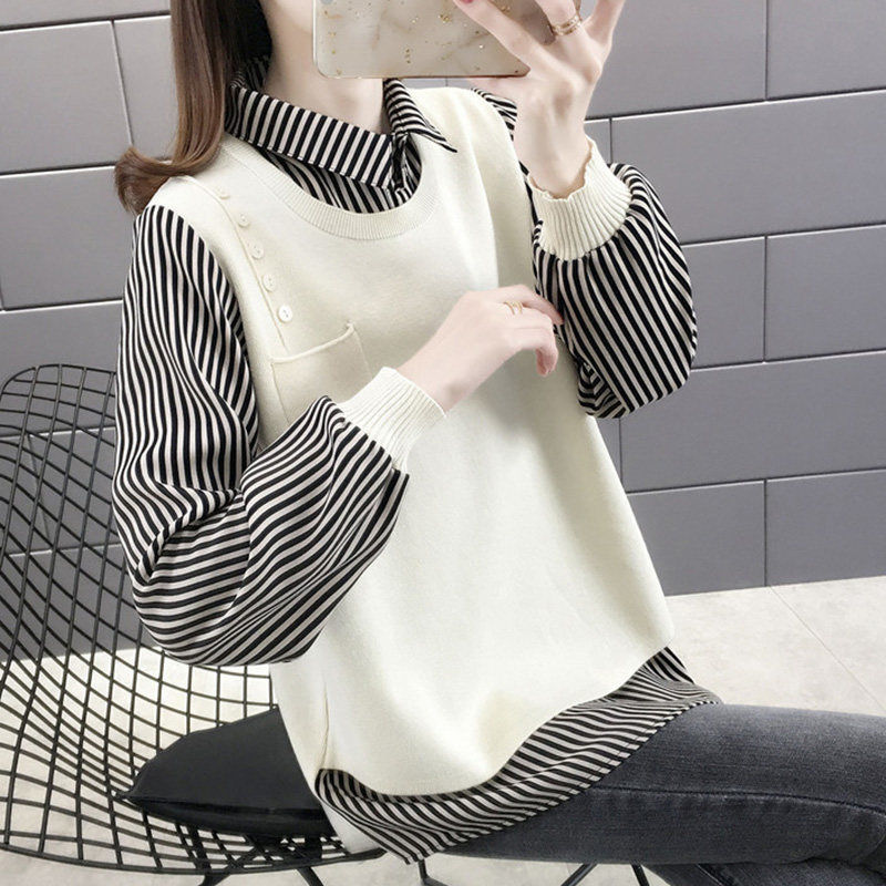 Fake Two-piece Women's Long-sleeved Shirt Collar Knitted Sweater