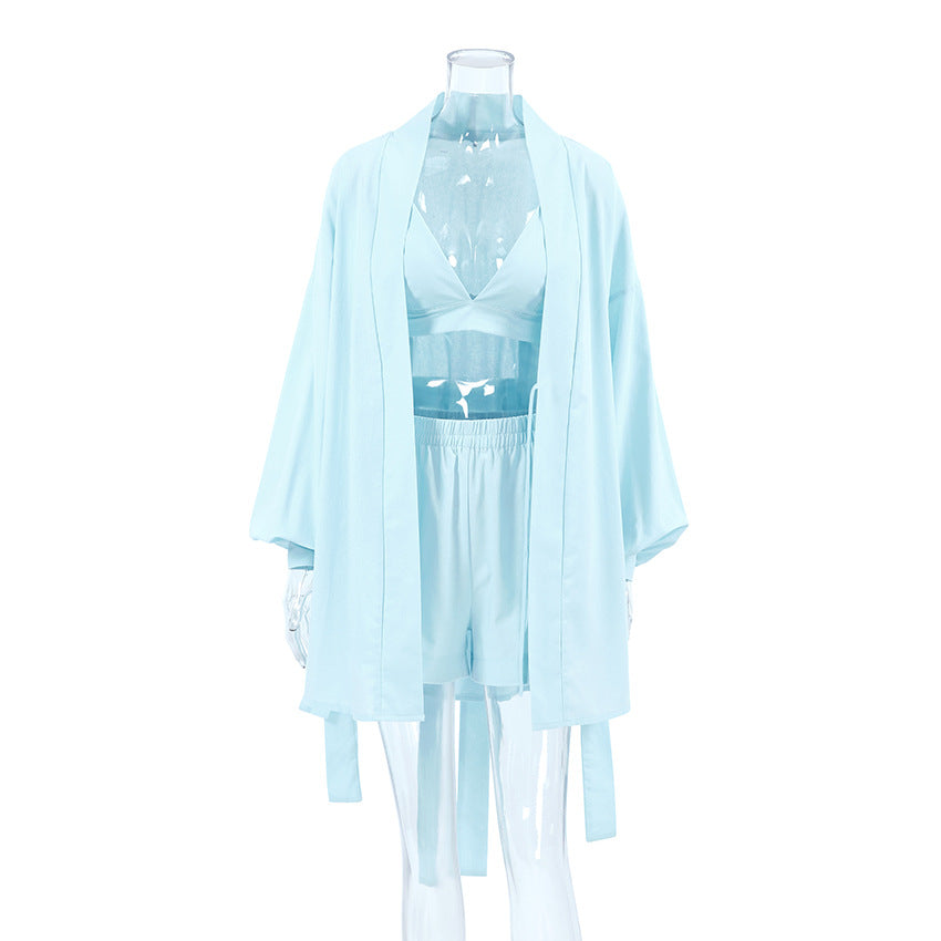 Long-sleeve Robe Underwear And Shorts Three-Piece Set Womens Loungewear