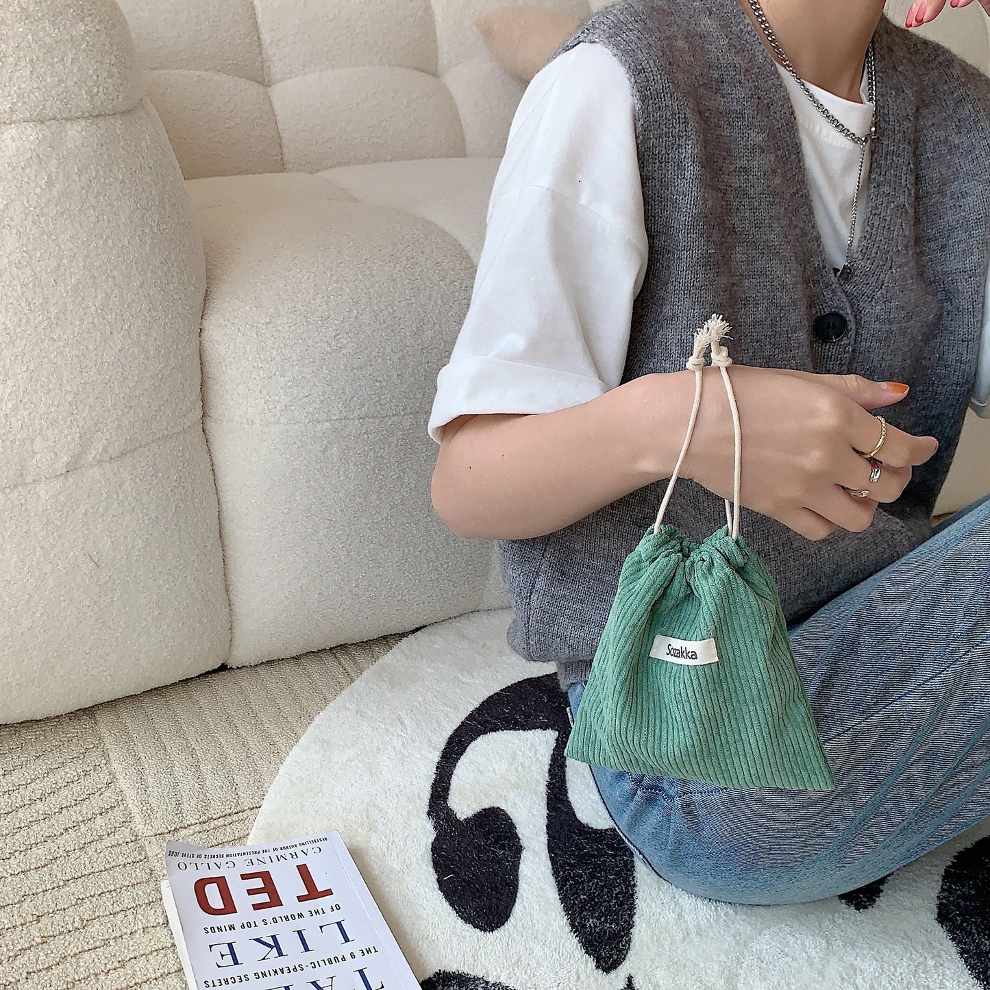 Solid Color Corduroy Buggy Bag Drawstring Bundle Cosmetic Bag