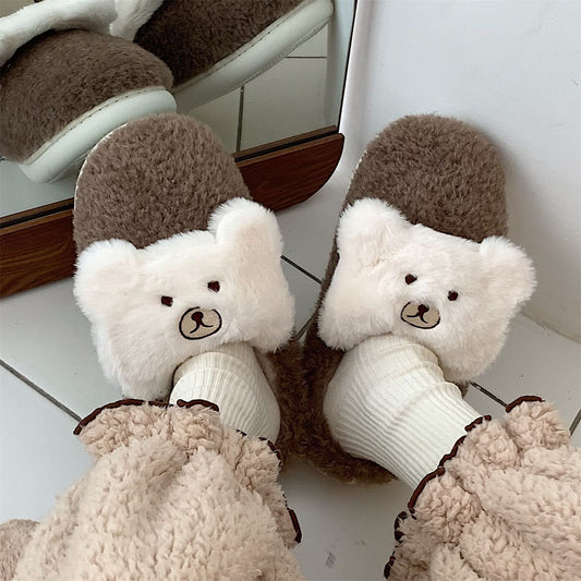 Cute Bear Plush Shoes Women's Warm Cotton Slippers