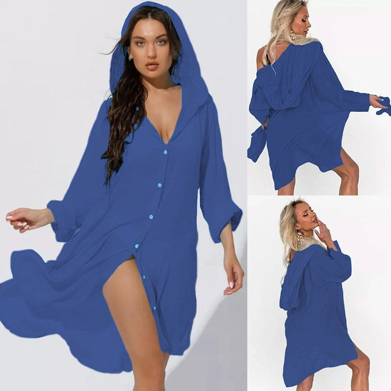 European And American Beach Jacket Women's Casual Vacation Solid Color Cardigan Bikini Swimsuit Blouse