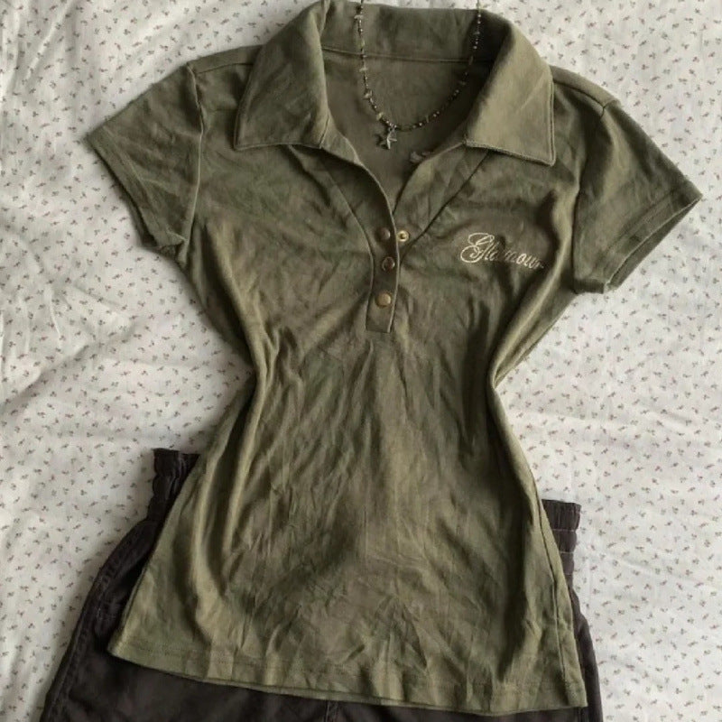 Army Green American Retro Polo Collar Short Sleeve