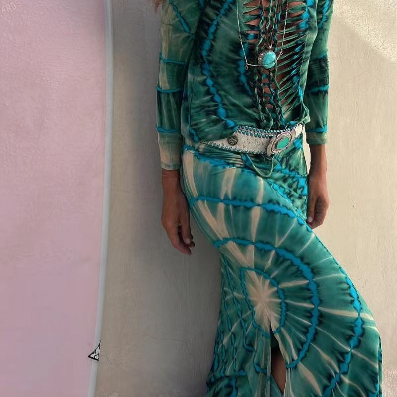 New Seaside Holiday Positioning Floral Print Slit Skirt