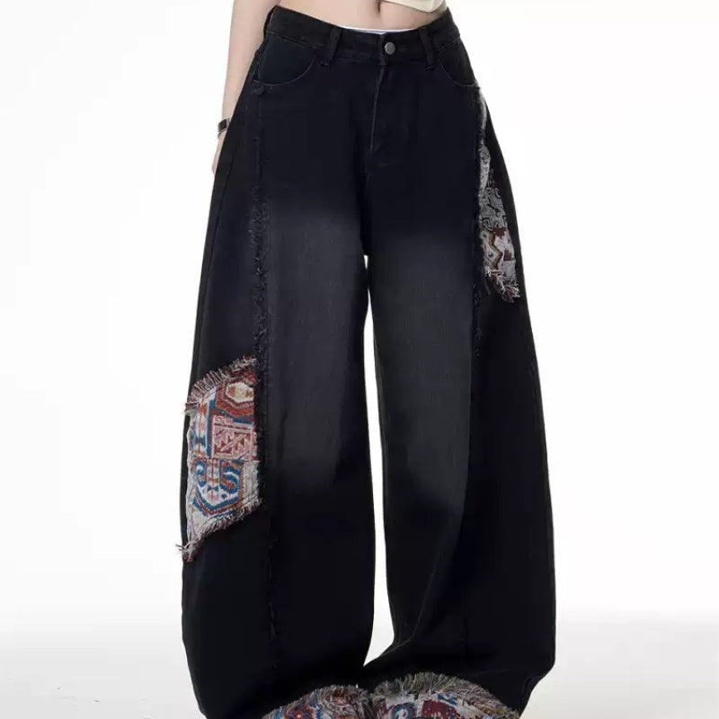 Retro Distressed Stitching Embroidered Jeans Women's Summer Loose Straight