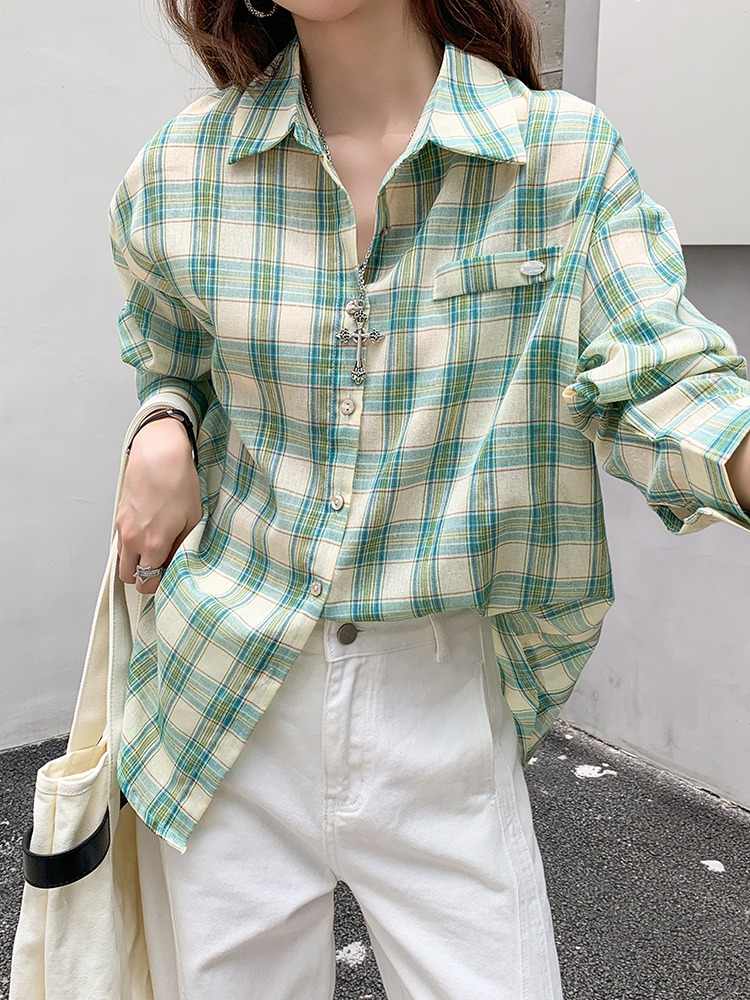 Green Plaid Sunscreen Shirt Coat Female Loose Long Sleeve Top