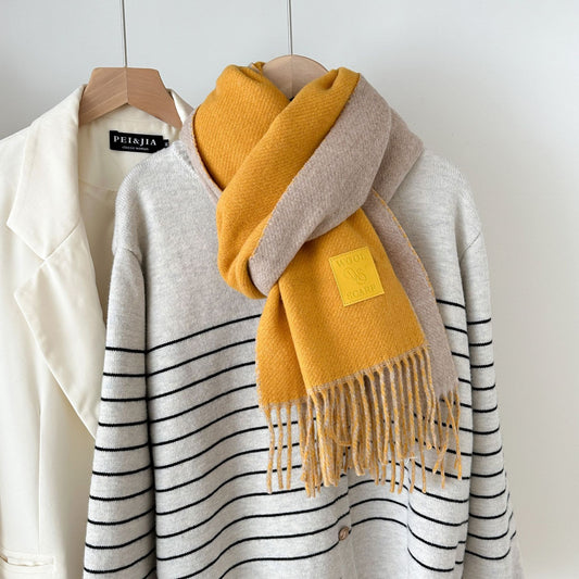 Thickened Double-sided Two-tone Wool Scarf Versatile Solid-color Tassel Shawl For Warmth And Style