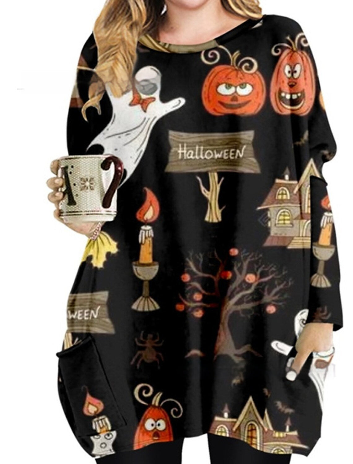 Women's Round Neck Mid-length Long-sleeved T-shirt With Pockets