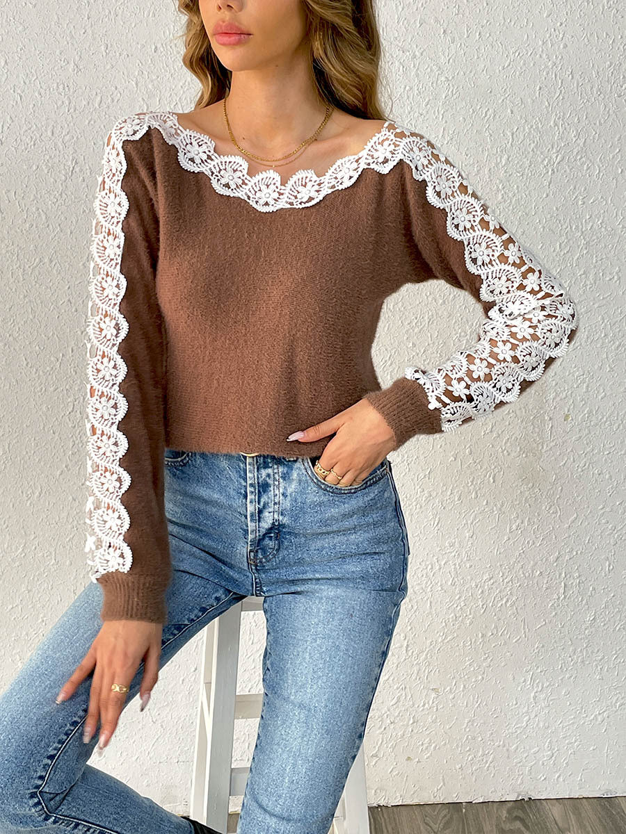Stylish Lace-Panel Off-the-Shoulder Womens Sweater