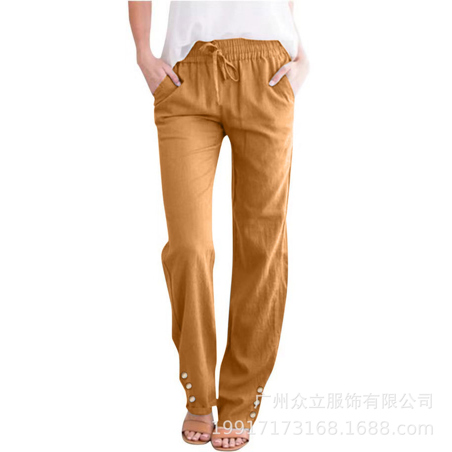 Solid Color Cotton And Linen Loose Drawstring Button Casual Wide-leg Trousers