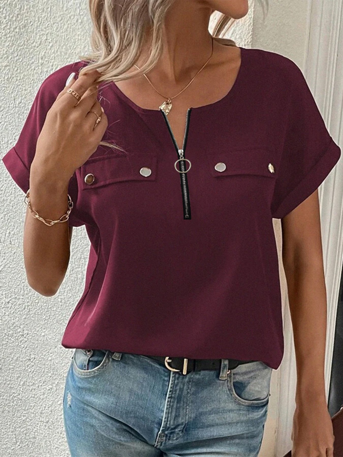Womens Zipper-Button Top Fashionable Casual T-Shirt For Women