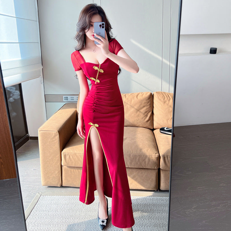 Wrap-button Square-neck Sheath Dress Figure-flattering Slimming Sexy High-slit Gown Bridal Toast Attire