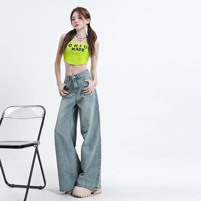 Vaskede vintage wide leg jeans til kvinder, forår og efterår, ny kollektion