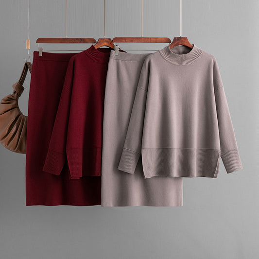 New FallWinter Solid-Color Turtleneck Sweater And Slit Bodycon Skirt Two-Piece Set