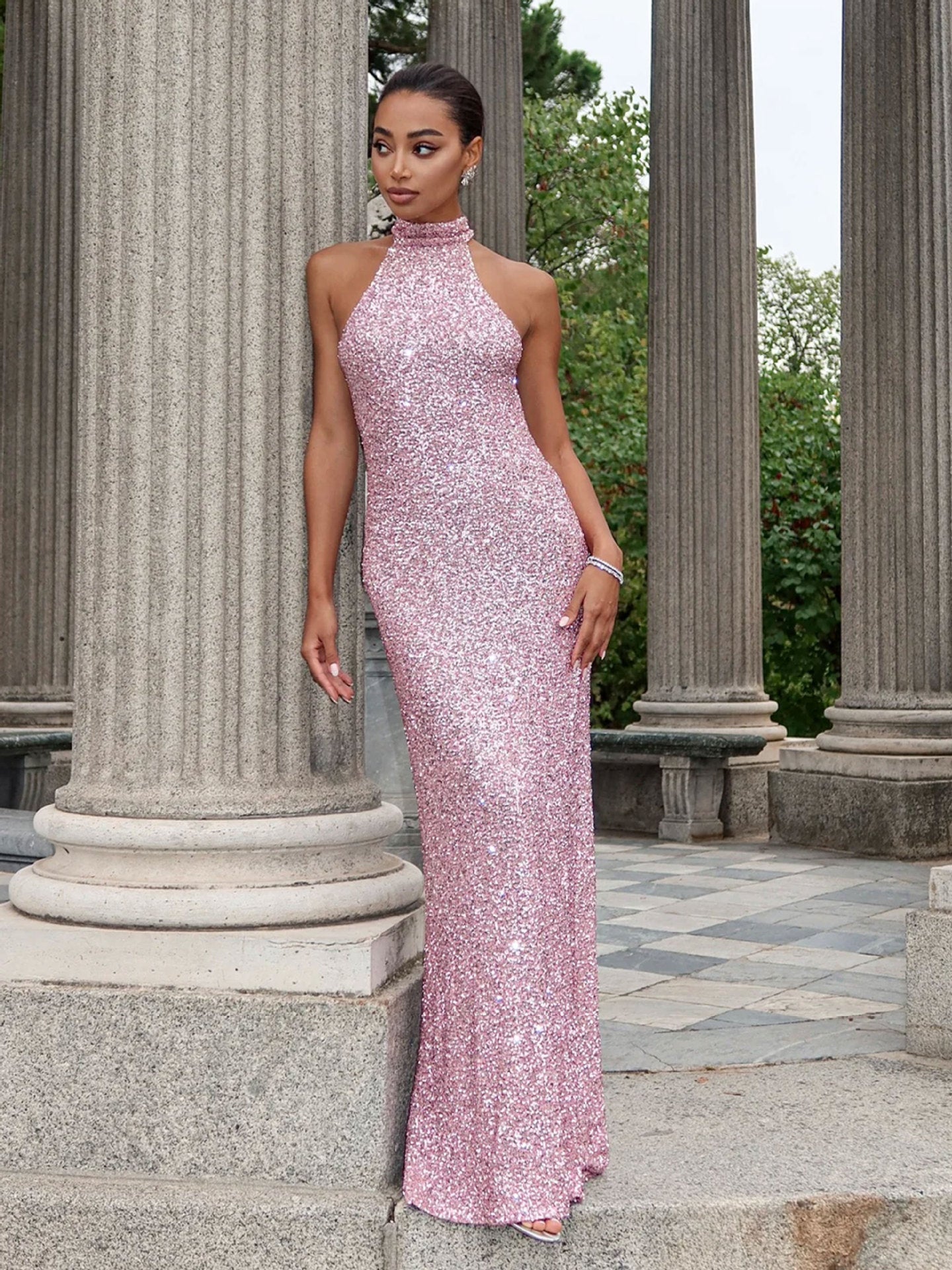 New Halter Neck Sleeveless Sequin Bodycon Evening Dress