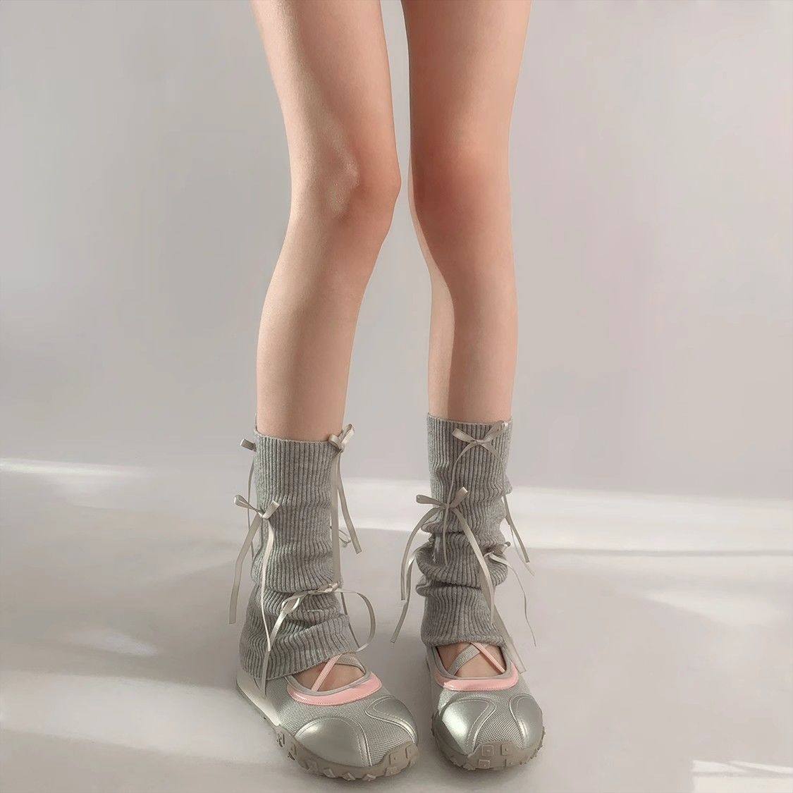 Womens Solid Color Bow Bow-Knot Mid-Calf Socks