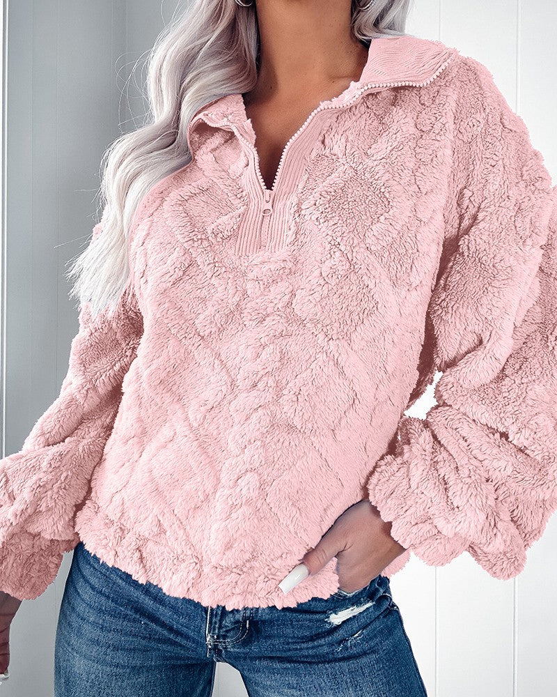 Enkel ensfarvet fleece-sweatshirt med lynlås og opretstående krave