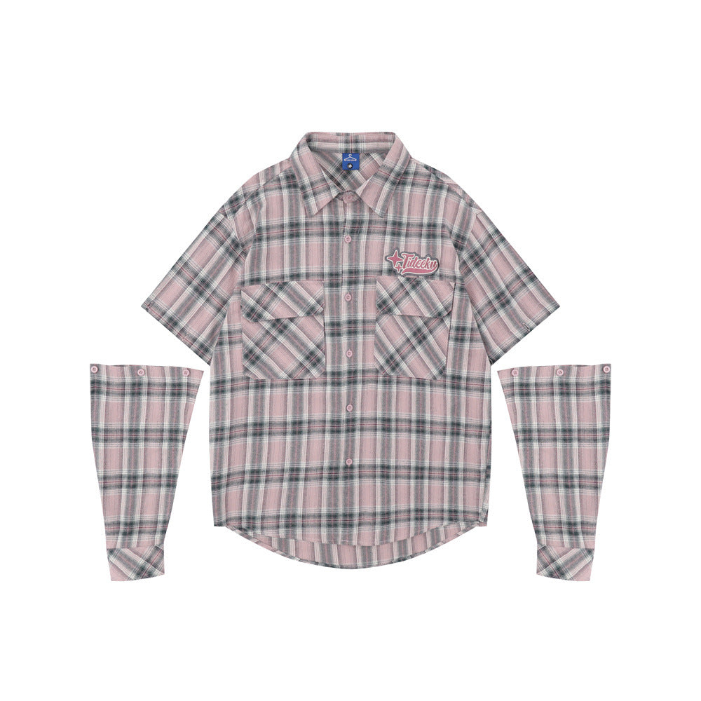 Plaid Long Sleeve Shirt Men's Sleeve Detachable Two-way Wear