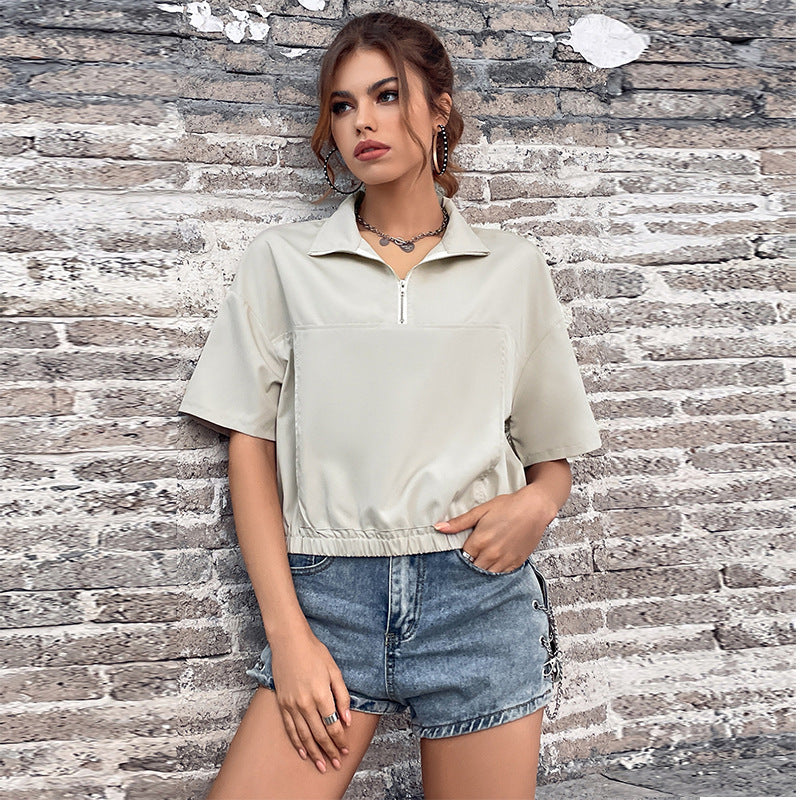 Summer New Short-sleeved Jacket Lapel Pullover Loose Net Red Short Women's Top