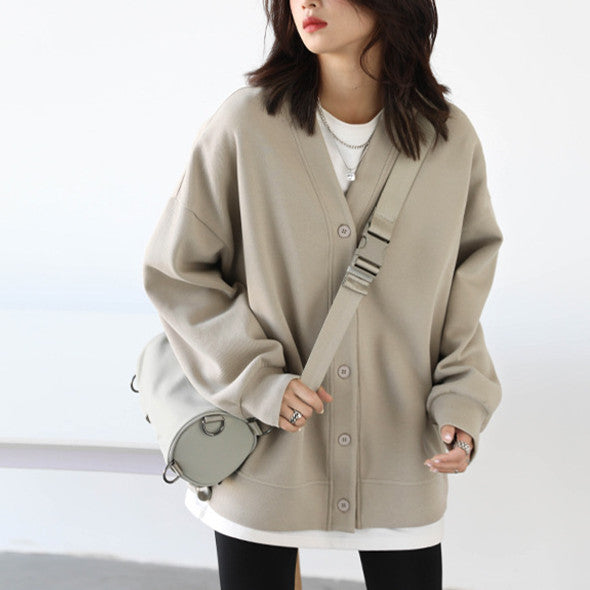 Casual Versatile Loose V-Neck Mid-Length Cardigan Jacket