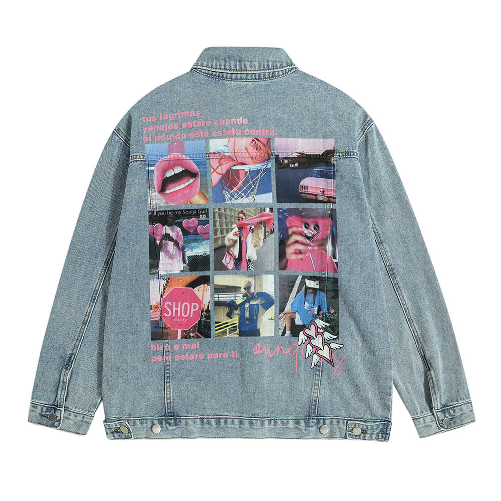 Funny Printed Jiugong Plaid Denim Clothes Jacket