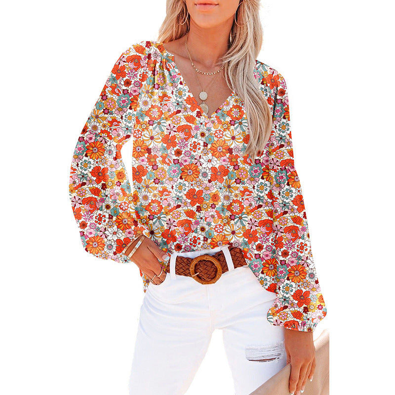 Dames Floral Chiffon Skjorte Løs V-hals Casual Top