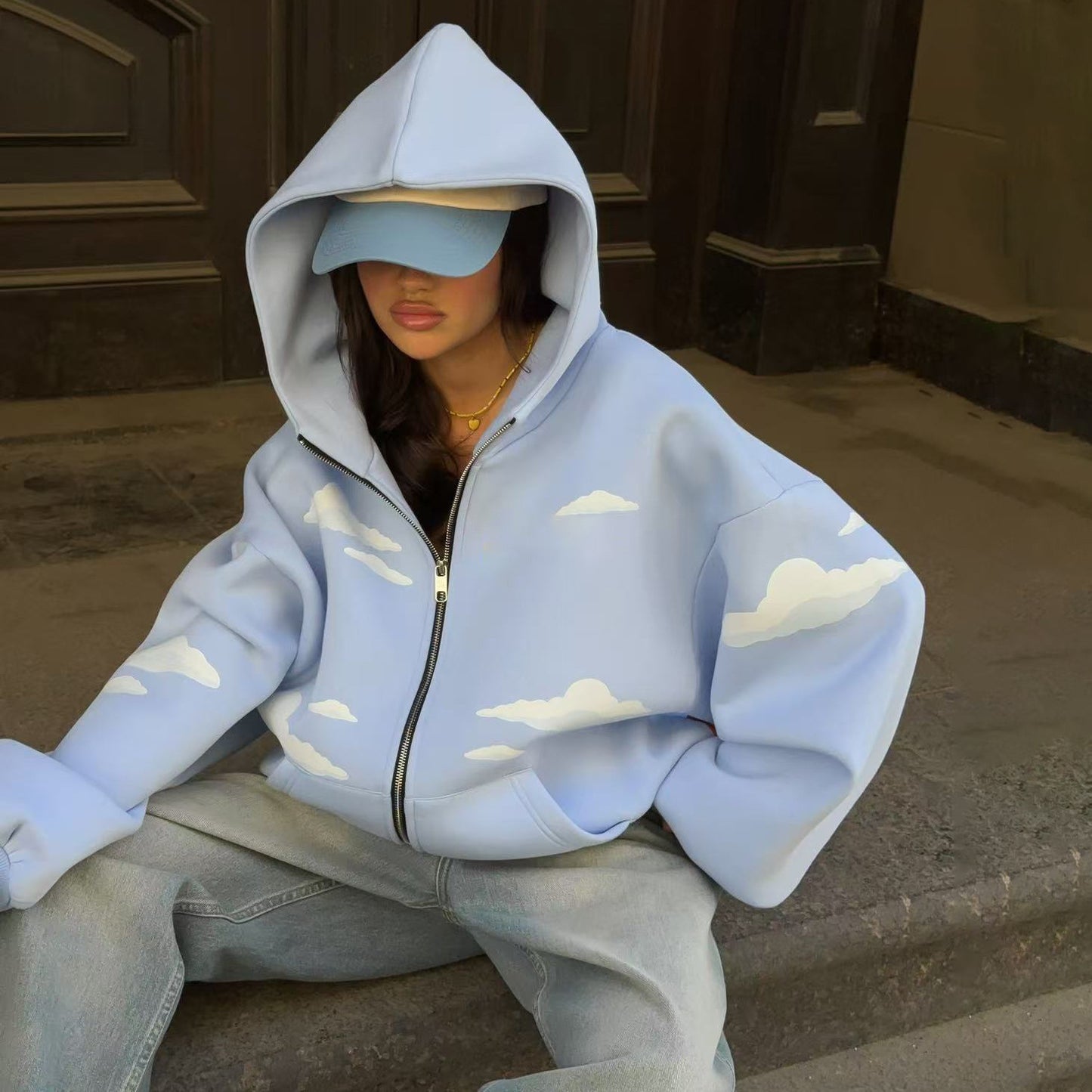 Hooded Sweaters til damer med skyprint og lynlås