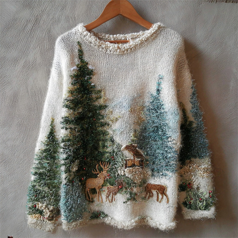 Womens Christmas Top Crew-neck Sweater In Faux Wool