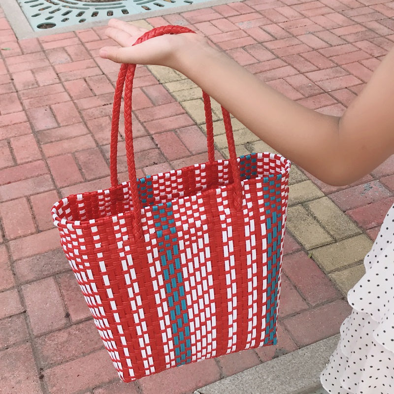 Plastic Hand Braided Stripe Shopping Shoulder Bag