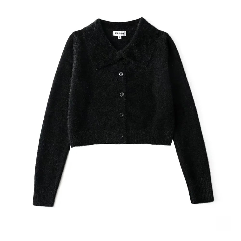 New Lapel Clean Single Breasted Long Sleeve Knit Cardigan Jacket
