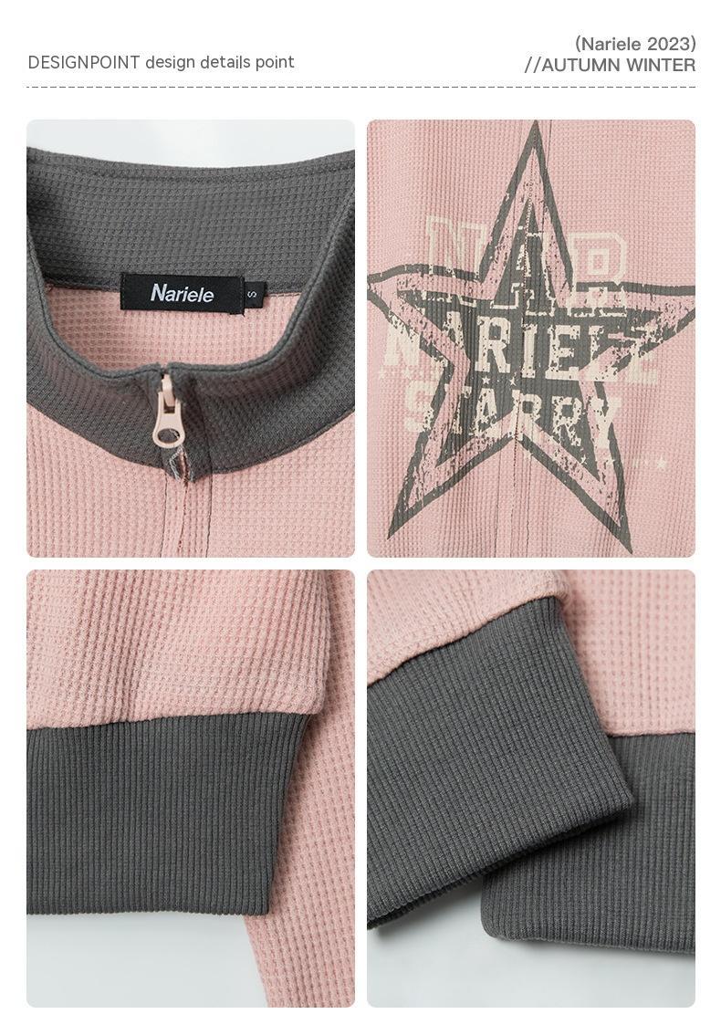 Five-pointed Star Pink American Retro Three-bar Sleeve Cardigan Stand Collar Sweater